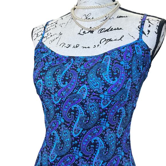 Y2K Vintage Dress Paisley Blue Purple Bodycon Ruffle Hem Retro Jewel Tone Small - Picture 2 of 12